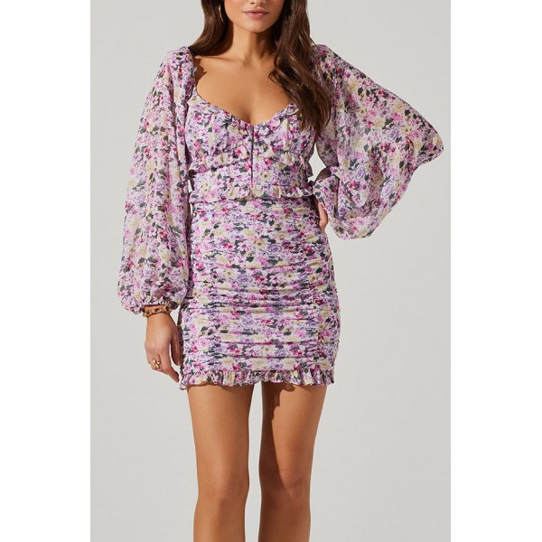 Ruched Skirt Print Dress